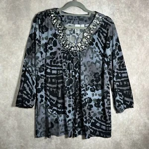 Marc Bouwer Blouse Womens Large Gray Animal Print Embellished Horse Shoe Neck - Picture 1 of 9