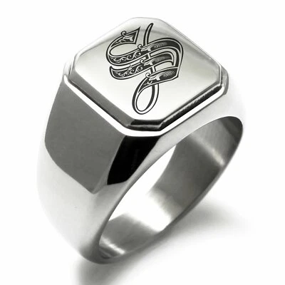 Stainless Steel Monogram Royal Initial S Mens Square Biker Style Signet Ring - Image 1 of 4