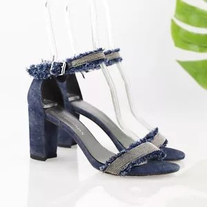 Stuart Weitzman Women Sandal Size 7.5 Blue Denim Block Heel Ankle Strap Fringe - Picture 1 of 16