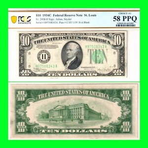 1934-C $10 Federal Reserve Note FRN - PCGS AU58 PPQ - Choice About Uncirculated - Picture 1 of 10