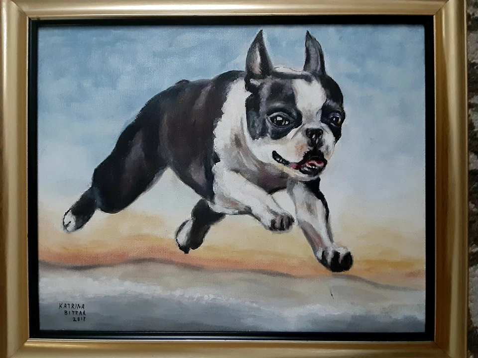 Pintura Katrina Bittar "Running Pug" 8"x 10" Acílico sobre Placa con Marco Foto 1 de 1