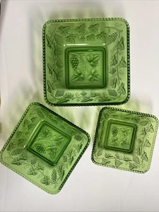 Vintage Indiana Glass Harvest Grape Green Bowls Set Of 3 (Square) RARE - Picture 1 of 7