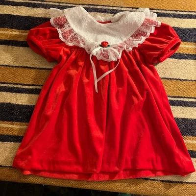 Red Velvet Lace Collar Dress Toddler Girl 24 Months Holiday Christmas Party VTG - Image 1 of 4