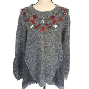 Knox Rose Sweater Embroidered Balloon Sleeve Gray Crewneck Floral Knit Womens XS - Picture 1 of 10
