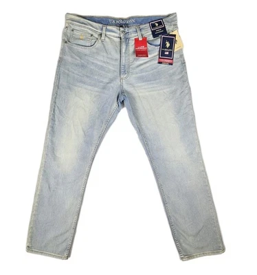 U.S. Polo Assn Men's 36"x30" Slim Straight Knit Denim Jeans Light Wash Blue New! - Image 1 of 4