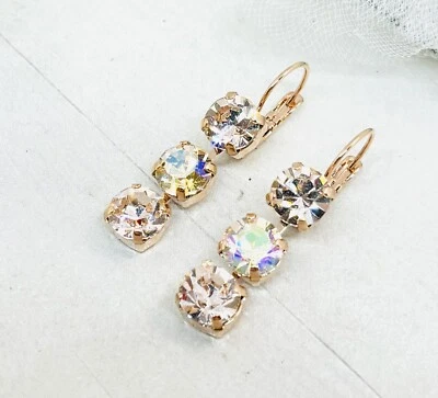 Par de Brinco Corrente Copo Triplo de Pedra AB de Seda E Seda Ouro Rosa - Imagem 1 de 4