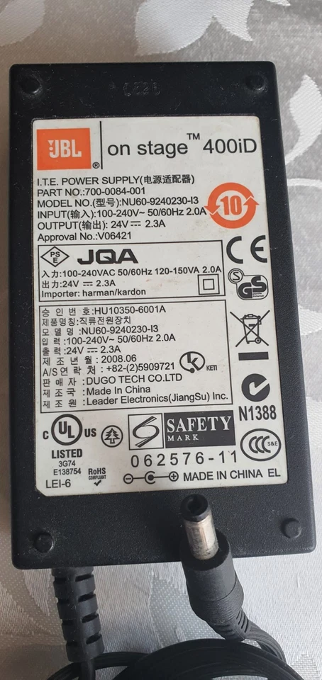 Cargador Original JBL On Stage 400id NU60-9240230-I3 Salida: 24V-2.3A Foto 1 de 1