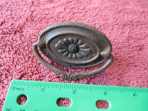 Antique Metal Drawer Pull Dresser Handle Drop Ring Oval Backplate Vintage 2-3/4" Cover