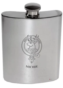 Frasco de riñón de peltre pulido Michie Family Crest 6 oz - Imagen 1 de 1