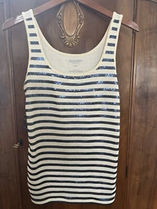 Old Navy Tank Top Women Sz Large Navy Blue Sequin Stripe Pullover Stretch Casual - Picture 1 of 3