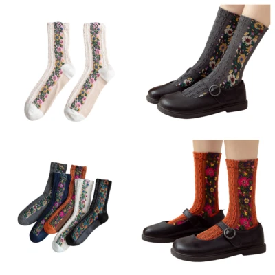 Mujeres Algodón Retro Flor Medio Pantorrilla Tubo Elastizado Deportes Floral Calcetines Crew 5 Pares Foto 1 de 4