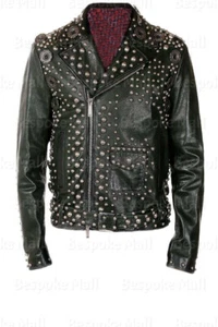 New Men's Full Black Punk Unique Silver Metal Studded Brando Leather Jacket-244 - Picture 1 of 5