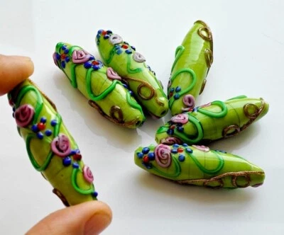 10 piezas exquisitas cuentas de vidrio de murano hechas a mano flor verde 12*42 mm Foto 1 de 4