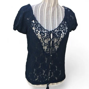 Abercrombie & Fitch dunkelblau Coquette Blumen Spitze Bauern transparent Kurzarm M - Bild 1 von 5