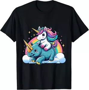 Unicorn Riding Rhino Boys Girls Men Women Kids Rainbow T-Shirt Hoodie - Picture 1 of 19