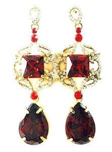 USA EARRING made with Swarovski Crystal RED Dangle Gold Plated Pear Drop gold - Picture 1 of 3