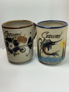 COZUMEL 2 Tonala Mexico Folk Art Pottery Mugs Cups Sailfish Sunset hand painted - Imagen 1 de 8
