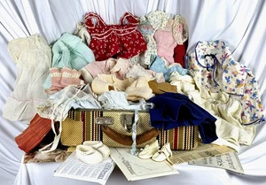 Antique 1930s-40s Handmade Doll Wardrobe w/ Suitcase, Fairyland Shoes - Picture 1 of 24