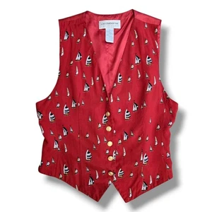 VTG Liz Claiborne Vest Womens Sz 8 Red Sailboat Nautical Gold Buttons Lined - Picture 1 of 9