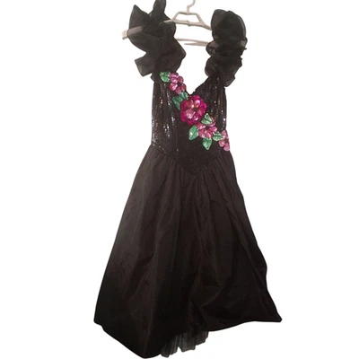 Loralie Original vintage dress womens 8 USA Prom 1980's black sequins taffeta - Image 1 of 4