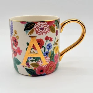 Anthropologie Rifle Paper Co Coffee Tea Cup Mug Floral Gold Monogram Letter “A” - Picture 1 of 14