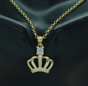 10k Yellow Solid Gold Shiny Filigree Crown Pendant Necklace 14.7mm 1.6gr - Picture 1 of 7