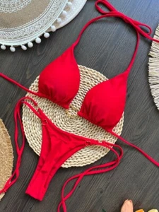 Sexy Halter Solid Bikini Set Women Swimsuit 2 piece Triangle Thong Swimwear Red - Picture 1 of 5