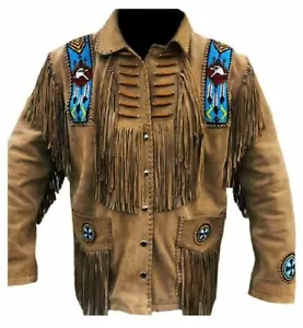 Men's Native American Suede Leather Jacket With Fringes Eagle Brown Mountain - Imagen 1 de 7