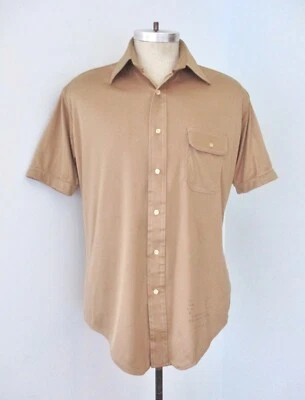 Vtg 70s Sears Brown Poly Knit Disco Pimp Shirt White Stitching Dagger Collar L - Image 1 of 4