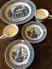 Vintage Blue White - 1 Large Monticello Plate, 2 Church Dessert Plate & 2 Cups