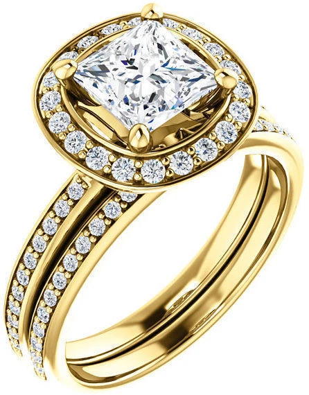 Anillo de compromiso de boda de oro amarillo de 14 k con halo de diamantes y princesa de 1,32 quilates Foto 1 de 1