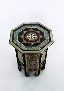 Handmade Silver Metal Bone Encrusted Moroccan Side Table - Picture 1 of 2