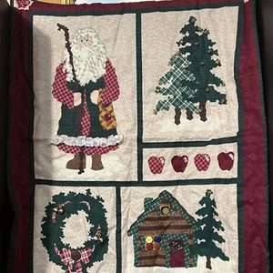 30”x 24” Handmade Christmas Lap Quilt Wall Hanging Cottage Santa Tree Wreath - Picture 1 of 11