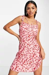 Parisian Pink Tie Shoulder Red Heart Floral Dress Uk 10 - Picture 1 of 9