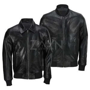 Men's Soft Real Lambskin Leather Vintage Collar Bomber Style Black Biker Jacket - Picture 1 of 16