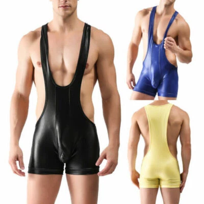 Men Male Jumpsuits PU Leather Leotard Wrestling Singlet Mankini Bodysuit Costume - Image 1 of 4