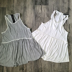 POL LOT 2 White Gray Racerback Knit Tank Top Womens Small S Babydoll Boho - Imagen 1 de 4