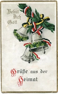 Patriotik-AK 1. WK "Behüt Dich Gott" Grüße aus der Heimat, Fahnen, Kranz, Glocke - Picture 1 of 1
