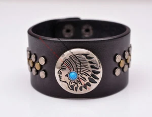 Pulsera de cuero envolvente ancho con cabeza india de motociclista occidental para decoración de concho - Imagen 1 de 10
