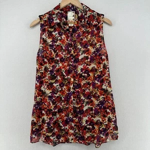 DA NANG Top Womens M Silk Crepe Button Up Floral Popover Tunic Sleeveless Orange - Picture 1 of 14