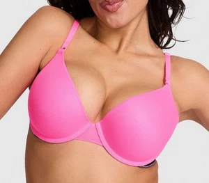 VICTORIA'S SECRET PINK Super Push-Up Bra VS Radiant Rose Pink Black Logo /thong - Picture 1 of 8