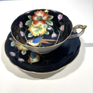 Ardalt Occupied Japan Black Tea Cup & Saucer Lenwile China Bird & Flowers - Picture 1 of 8