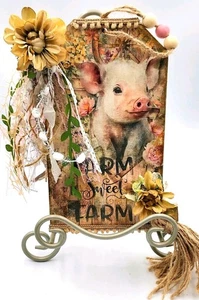 Schwein Holz großer Hang oder Staffelei Display 10" Bauernhaus Landhaus Küche Dekoration - Bild 1 von 17