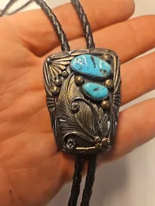 Vintage Native American Sterling Silver/Turquoise Bolo Tie Signed - Picture 1 of 10