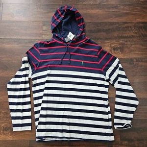 NWT Polo Ralph Lauren XL Shirt Mens White Blue Red Stripe Lightweight Hoodie - Picture 1 of 6