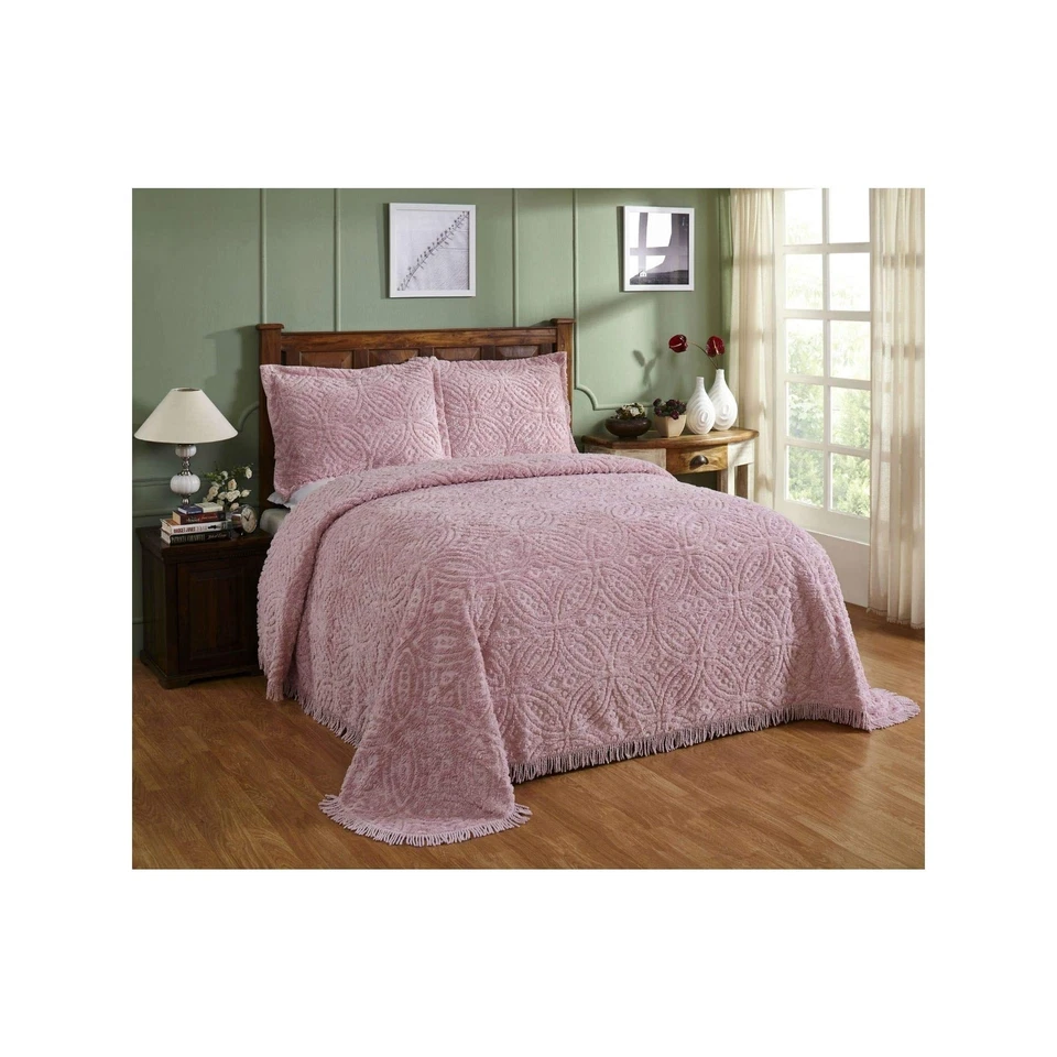 Colcha de chenilla rosa de 1 pieza con medallón acolchado queen anillo de boda ropa de cama Foto 1 de 1