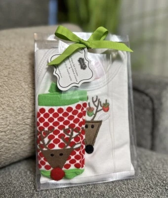 NUEVO Juego de regalo de calcetín y oruga de renos navideños Mud Pie 0-6 meses unisex Foto 1 de 4