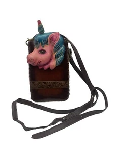Vintage Handmade & Painted Leather Unicorn Cross Body Wristlet Bag Embossed 7” - Picture 1 of 6