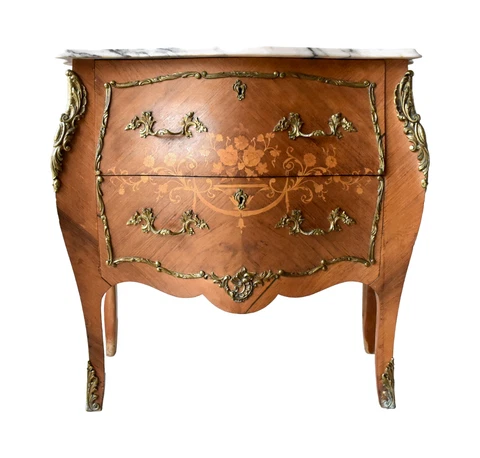 Louis XV-Style Bombe Marquetry, Ormolu, & Marble Top Bombe Chest of Drawers Cover