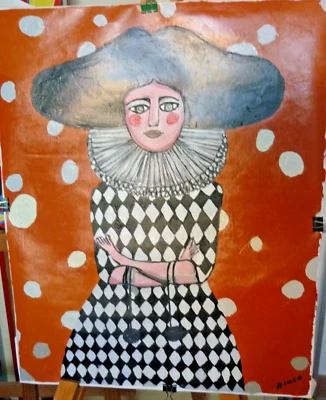 TABLEAU PEINTURE HUILE ACRYLIQUE FILLE ARLEQUIN 50 CM X 40 CM SIGNE - Photo 1/4